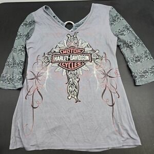 Women's‎ XL Harley Davidson Lace 3/4 Sleeve Graphic RhinestoneT-Shirt Gray